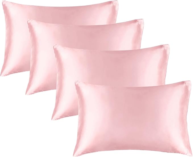 BEDELITE Satin Pillowcase for Hair and Skin, Super Soft Similar to Silk Pillow Cases 4 Pack with Envelope Closure, Cooling Pillowcases for Women Men (20"x26" Standard Size, Pink)