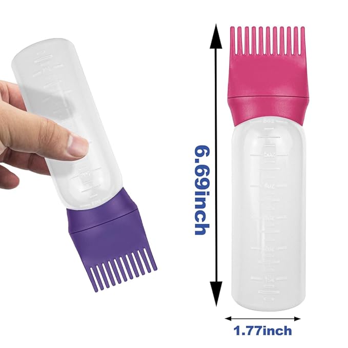 ELANE 4 Pcs Root Comb Applicator Bottle, 6oz, Hair Oil Applicator Bottle for Hair, Dye, Salon, Travel, Camping (Purple+Red)