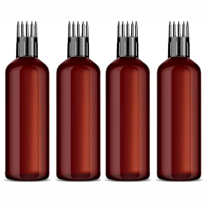 Empty Amber Color Hair Root Comb Applicator Bottle with Comb Cap for applying Hair Oil, Shampoo & Hair Dye, Refillable, Leak Proof, Reusable Multipurpose Use - 100 ml Pack of 4