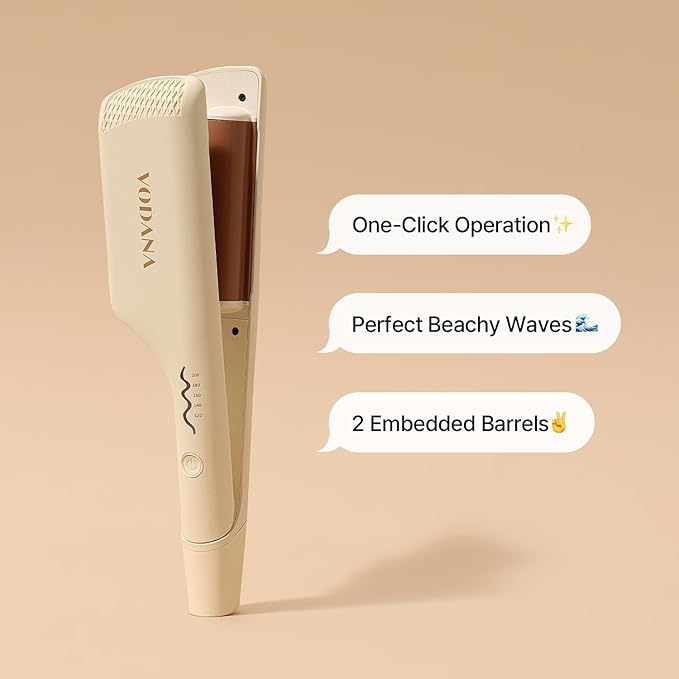 VODANA Professional Triple Flow Ceramic Hair Waver - Easy Beach Waves with Embedded Double Barrel Wave Iron. Experience Instant Heat, Long-Lasting Performance, and Quick Heat Up. (1.25 inch, Brown)
