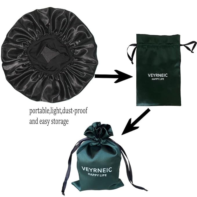 VEYRNEIC Hair Satin Bonnet for Sleeping Shower Caps Silk Chemo Caps with Wide Elastic Band Night Sleep Cap Bonnets for Black Women Braids with Satin Storage Bag (Black)