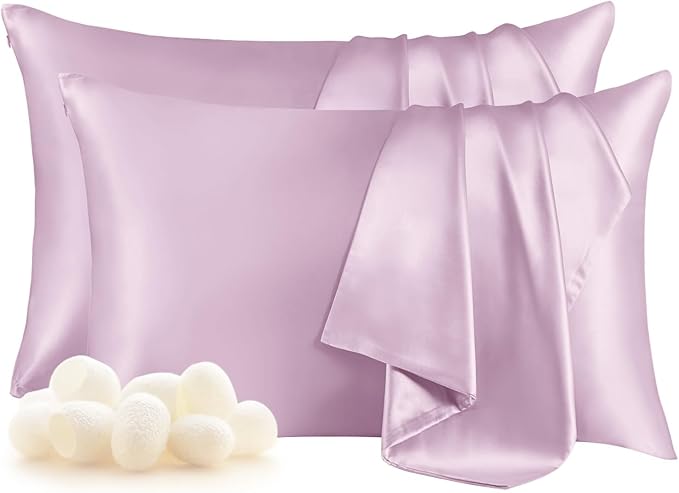 THXSILK Set of 2 100% Mulberry Silk Pillowcase for Hair and Skin, Grade 6A+ Mulberry Silk Pillow Cases Ultra-Soft, Hypoallergenic Pillow Case Cover with Zipper (Queen 20"x30", Light Purple)
