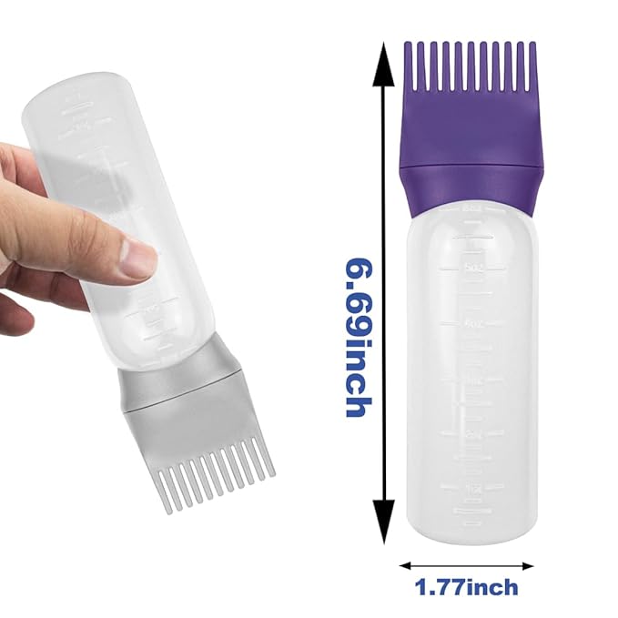 ELANE 4 Pcs Root Comb Applicator Bottle, 6oz, Hair Oil Applicator Bottle for Hair, Dye, Shampoos, Salons, Camping, Traveling (Purple+Grey+Red+Green)