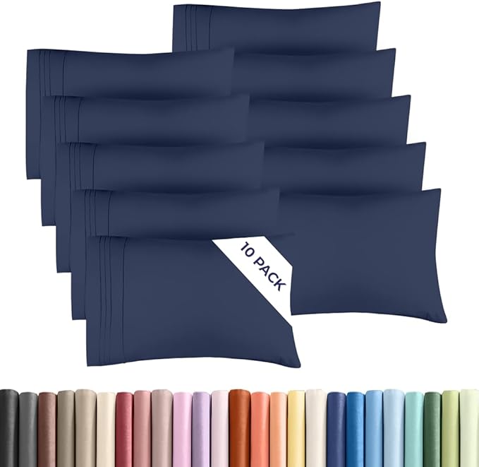 Queen Pillow Cases Set of 10 - Ultra Soft Hotel Quality Pillowcase Covers - Comfy, Cozy & Wrinkle Free - Shrink, Stain and Fade Resistant - Machine Washable Pillow Protectors - 10 Pcs Set - Navy Blue