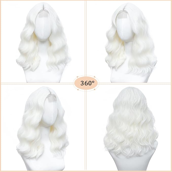 White Wig for Women, 18 Inch Middle Part Wavy Curly Wigs Synthetic Heat Resistant Soft deep wave Wig for Women Daily Use (White, 18 Inch)