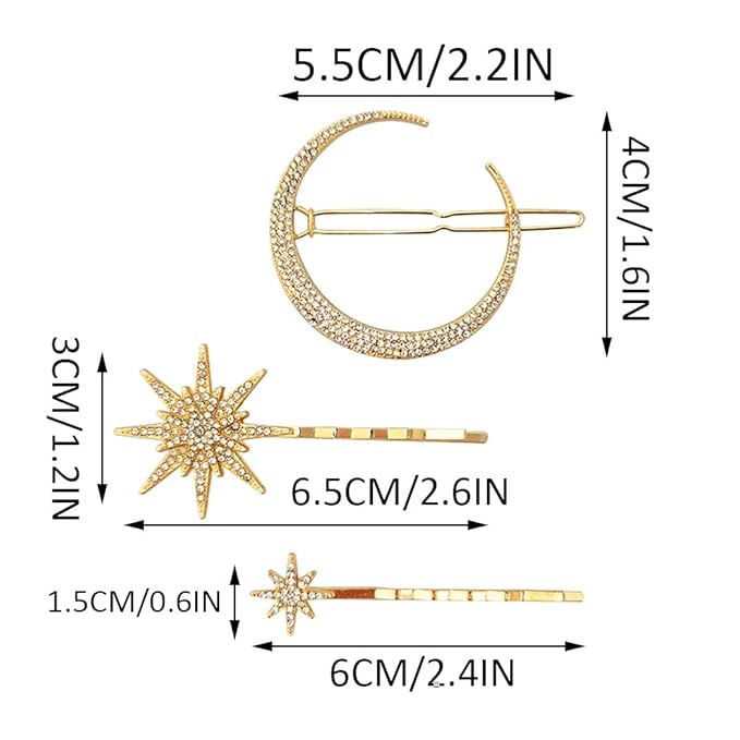 BARTOSI Moon Star Hair Clips Gold Stars Hair pins Crystal Celestial Hair Accessories for Women and Girls (Pack of 3)