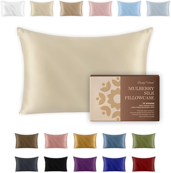 25 Momme Premium Mulberry Silk Pillowcase for Hair and Skin | Handcrafted Hypoallergenic & Anti-Acne Silk Pillow Cases with Zipper | Queen - 20" x 30", Vanilla Ice