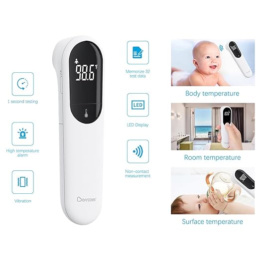 Berrcom No-Touch Forehead Thermometer for Adults, Kids, and Babies, Digital Infrared Medical Thermometers with Fever Alarm, LED Display, Dual Probe Technology