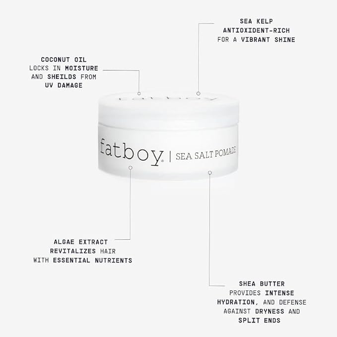 Fatboy Sea Salt Hair Pomade with Coconut Oil & Shea Butter, Lightweight Hold for Texture, Styling & Shine, Tousled Beach Waves Finish, Hair Care for All Hair Types, Paraben Free, Color Safe, 2.6 Oz
