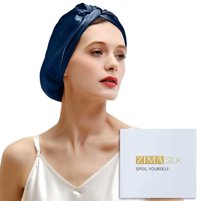 ZIMASILK 100% 22 Momme Mulberry Silk Bonnet for Sleeping Women, Breathable Silk Hair Wrap for Premium Hair Protection - Reducing Friction (1Pc, Navy)