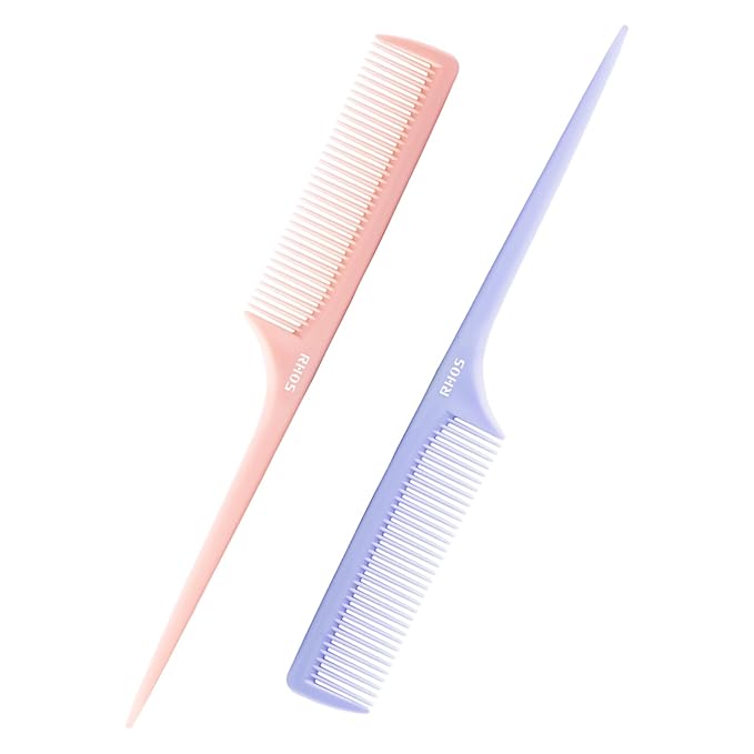 RHOS Rat Tail Comb for Parting, Fine Tooth Teasing Comb with Pick, 2 Pack Hair Styling Combs Set for Women and Men, Pink & Purple, Plastic, Unisex