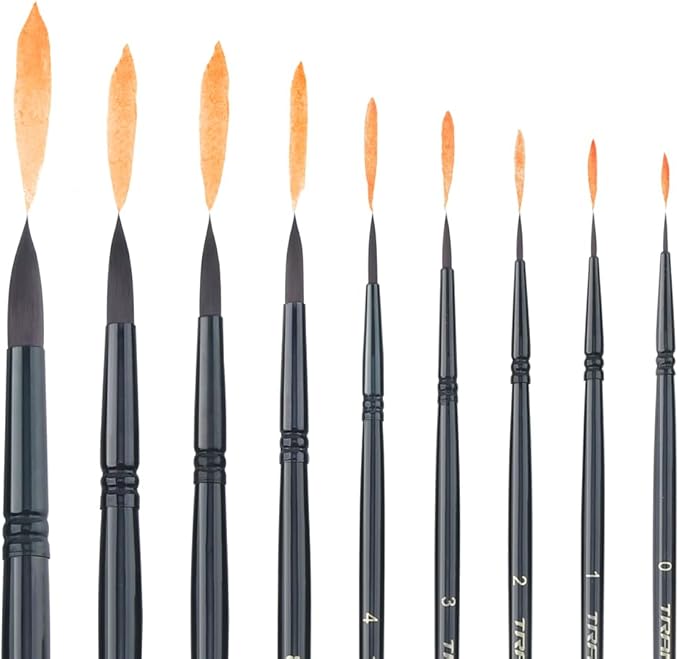 Transon Round Paint Brush Set 9pcs Synthetic Sable Hair for Acrylic Painting Watercolor Painting Gouache Ink Craft and Detail Painting Black Color