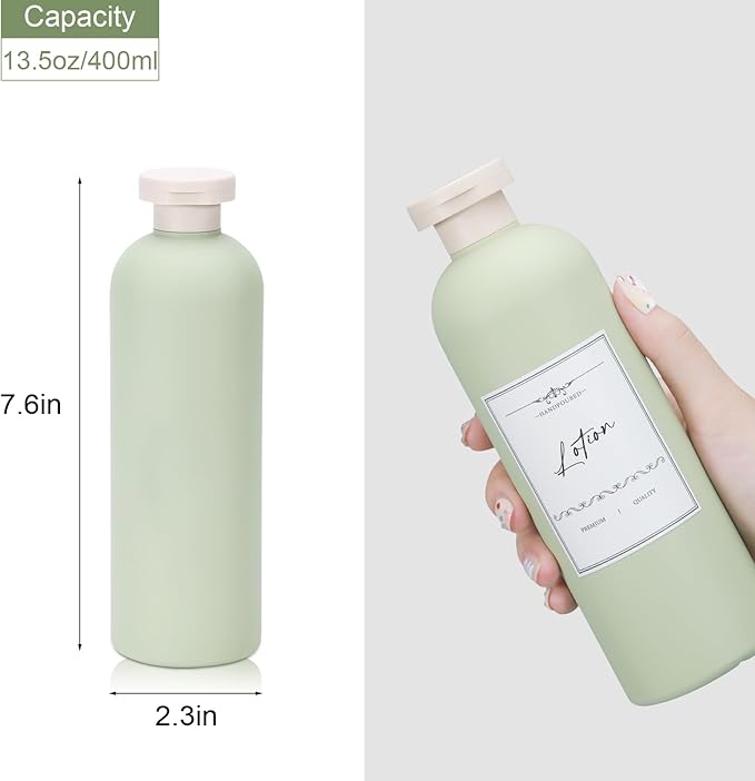 13.5 oz Plastic Travel Shampoo Bottles, Refillable Flip Cap Squeeze Bottles for Toiletries, Large Leakage-proof Travel Shampoo and Conditioner Container (Blue and Green)