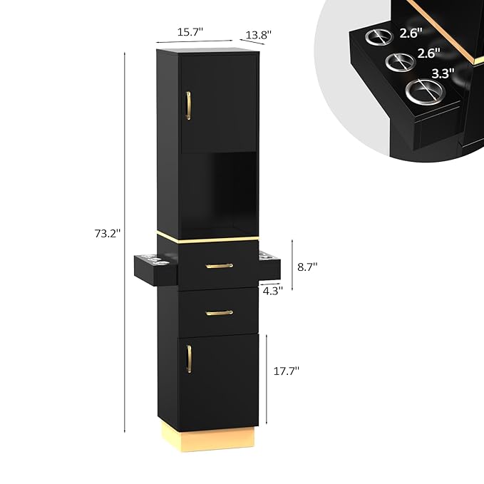 Salon Stations for Hair Stylist, Barber Station Hair Salon Station, Beauty Salon Spa Equipment with 2 Drawers, 2 Storage Cabinet, 6 Hair Dryer Holders for Hair Styling, Black Gold