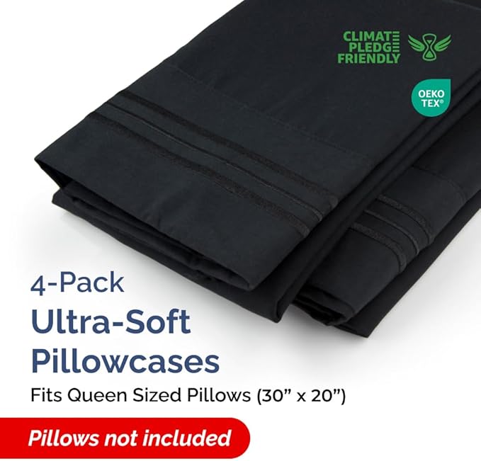Queen Pillow Cases Set of 4 - Ultra Soft Hotel Quality Pillowcase Covers - Comfy, Cozy & Wrinkle Free - Shrinkage, Stain and Fade Resistant - Machine Washable Pillow Protectors - 4 Piece Set - Black