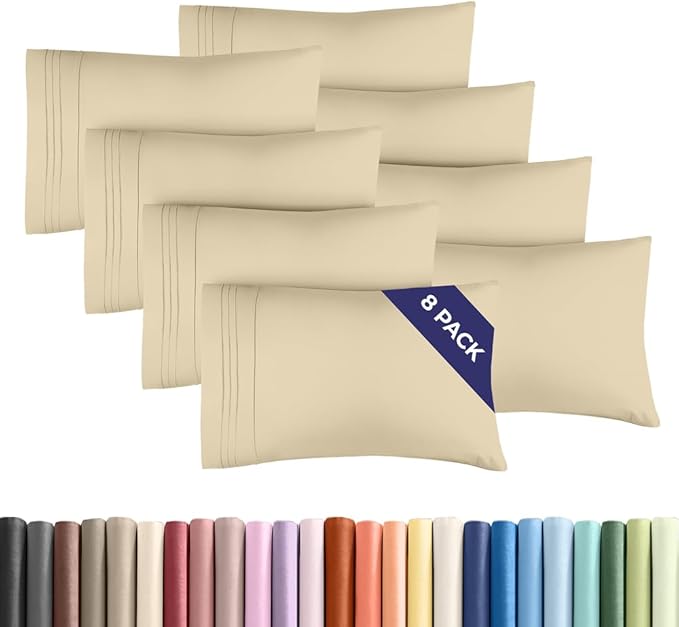 Queen Pillow Cases Set of 8 - Ultra Soft Hotel Quality Pillowcase Covers - Comfy & Wrinkle Free - Shrink, Stain and Fade Resistant - Easy-Care, Machine Washable Pillow Protectors - 8 Pcs Set - Cream