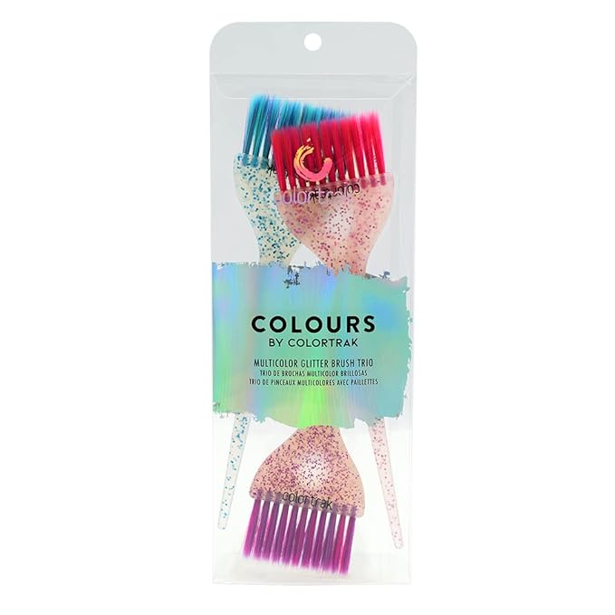 Colortrak 3 Pack Hair Color Brush Set with Glitter Handles for Highlighting, Tint and Coloring Hair Sections - Soft Feathered Bristles Application 3.5 x 11 inch
