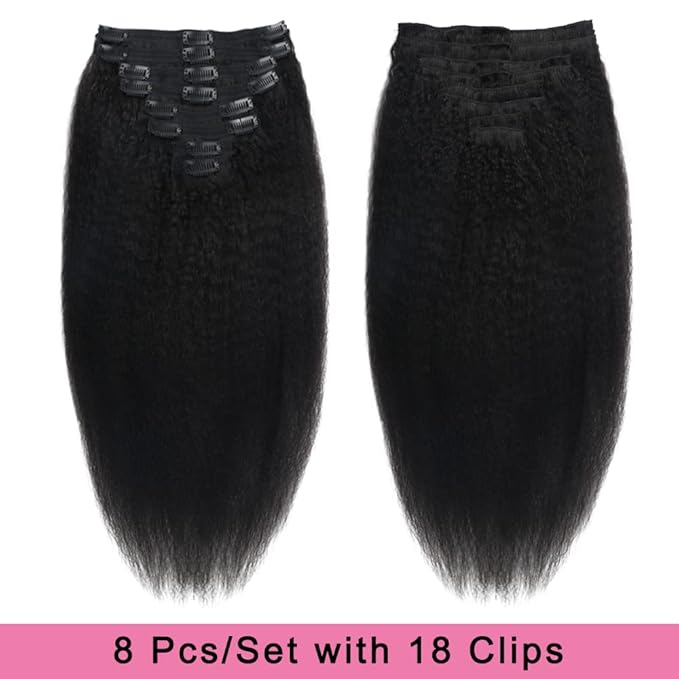 Kinky Straight Human Hair Clip in Extensions 120g Full Head Clip ins for Women 100% Unprocessed Brazilian Virgin Human Hair Yaki Straight Clip ins Remy Hair Natural Black 8Pcs 18Clips 28inch