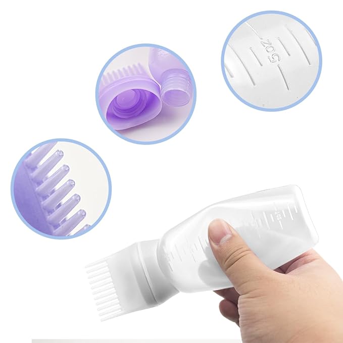 ELANE 4 Pcs Root Comb Applicator Bottle, 6oz, Hair Oil Applicator Bottle for Hair, Salon, Travel, Camping (White+Purple)