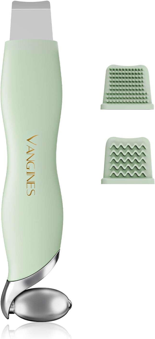 Blackhead Scraper Tool & Skin Scrubber Face Spatula for Blackhead Removal, Pore Cleaning, with Cooling Ice Roller & 2 Silicone Brush Heads (Sage Mist)