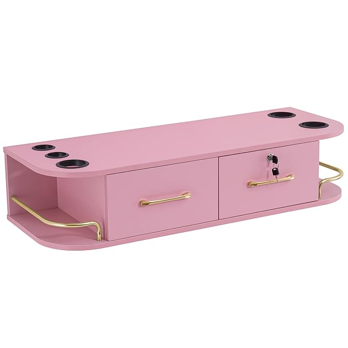 BarberPub Beauty Locking Wall Mount Styling Station, Barber Salon Station with Hair Dryer Holders, Spa Storage Floating Equipment with 2 Drawers 5012 (Pink)