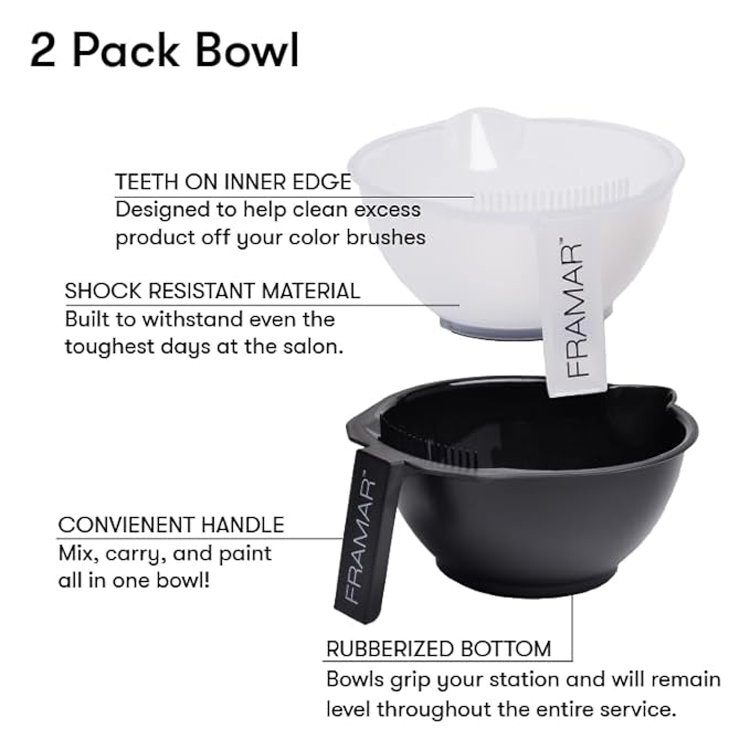 FRAMAR Color Bowl with Cleaner Set – Color Bowls For Hairstylist, Hair Dye Bowl With Brush Cleaner and Rubberized Bottom, Salon Supplies, Salon Essentials – 2 Pack