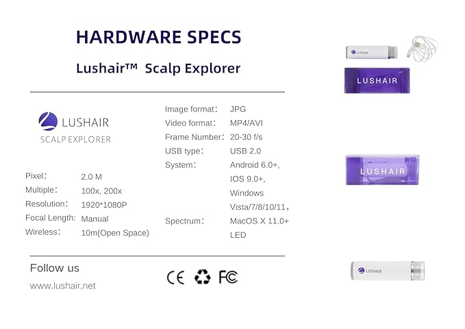 lushair Wireless Hair Analyzer, Hair Follicle Tester, Scalp Microscope, 16 Hair Tests, AI Smart Analysis Provides Care Plan