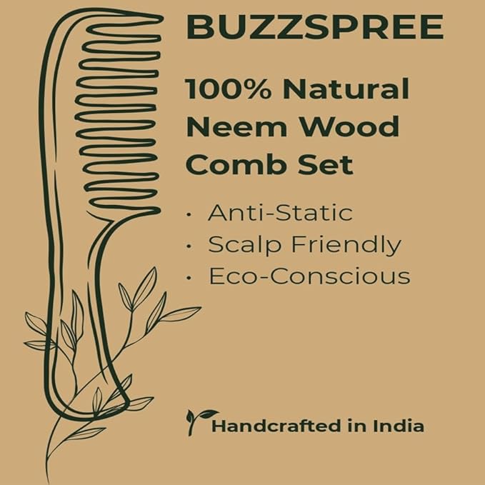 Natural Neem Wood Comb Set of 2 [Wave Lily & Wave Handle] – Wide & Fine Tooth Handmade Wooden Hair Combs for Men & Women | Eco-Friendly, Plastic-Free, Scalp Comb for Gentle Hair Care