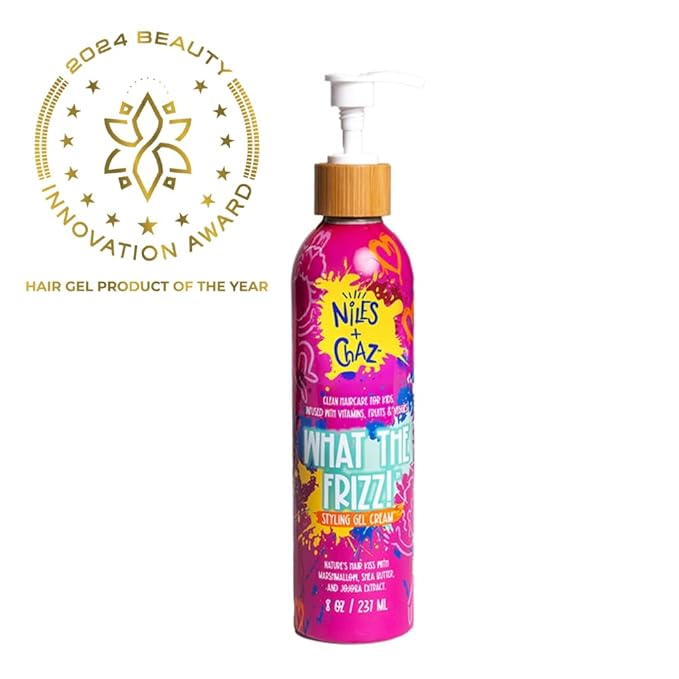Niles and Chaz What the Frizz! Styling Gel Cream - Kids Curl Cream, Frizz Control, Hydrated & Defined Curls - Paraben, Sulfate, Silicone Free - Curly, Coily, Wavy Hair Products for Kids (8 fl Oz)