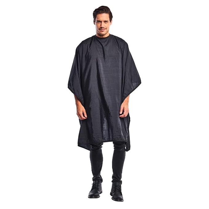 Betty Dain Premier Barber Cutting/Styling Cape, Black Trim Piping, High-end Look, Soft, Lightweight, Water Resistant Nylon, Repels Hair, Snap Closure at Neck, Generous 54 x 60 inch Size, Black