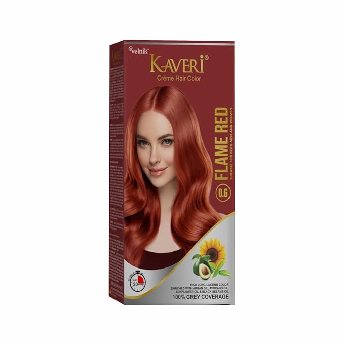 Kaveri Creme Hair Color Permanent Hair Dye Color - With Improved Creme Formula for Gray Coverage Ammonia Free Hair Color Dye for Rich Bright Long lasting (Flame Red, 3.04 Fl Oz) - Pack Of 3