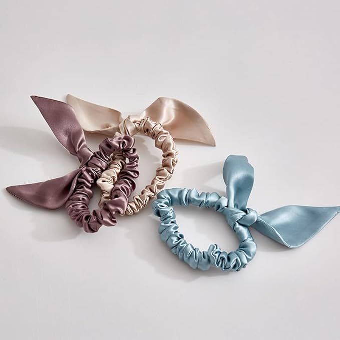 THXSILK Hair Silk Scrunchies with Bow for Women Pure Mulberry Silk Hair Cute Ring Ties Scrunchies for Girls Women's Thick Hair, Champagne, 2.8"