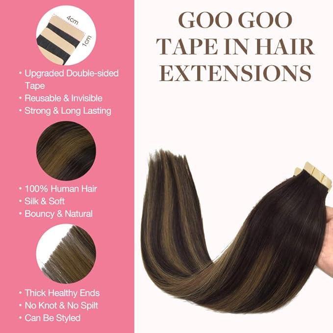 GOO GOO Tape in Hair Extensions Human Hair, 2/6/2 Balayage Dark Brown to Chestnut Brown, 22inch 30g 10pcs, Skin Weft Seamless Invisible, Silky Straight with Thick Ends, Remy Human Hair