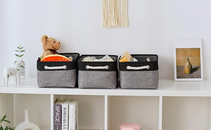 TheWarmHome Storage Basket for Organizing - 14x10x7 inch Medium 3 Pack Collapsible Storage Bin for Shelves with Rope, Fabric Storage Cubes for Organizer Cloth Gift Toy Closet (Black & Grey)