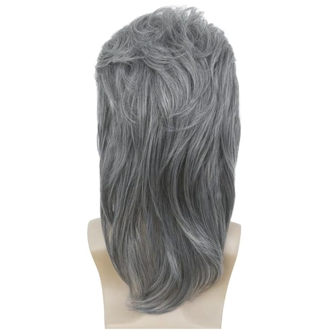 Kaneles Grey Mullet Wigs for Men 80s Retro Cosplay Halloween Costume Wig Funny Rocker Hair Male Wig(Grey)