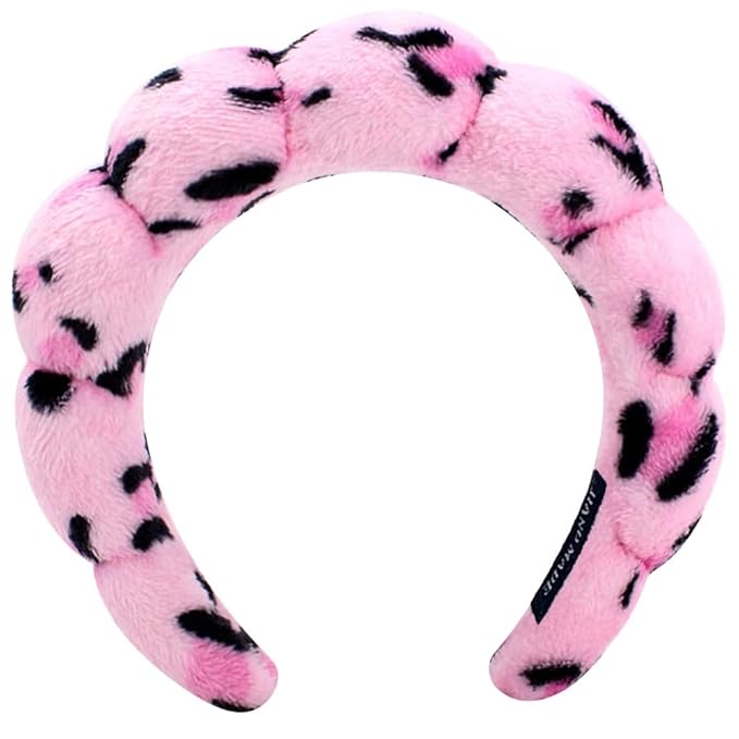 Spa Headbands for Washing Face or Makeup, Sponge Bubble Skincare Headbands, Puffy Terry Cloth Hairband for Women, Skin Care Makeup Headwear Hair Accessories for Girls (Leopard Pink)