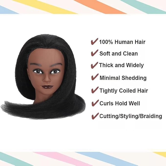 16 Inch 100% Real Hair Mannequin Head Training Head Manikin Cosmetology Doll Head for Hairdresser Practice Braiding Hair Styling with Clamp stand (16 -Inch)