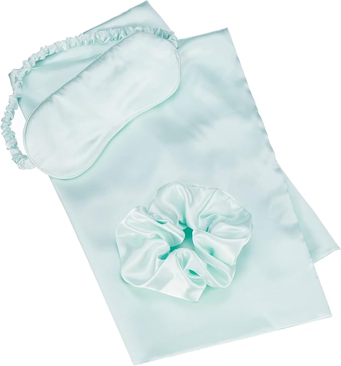 Vegan Silk Sleep Set, Silky Pillowcase with Large Scrunchie and Eye Mask for Hair and Skin, Self Care Essential Satin Night Routine Kit (Mint Blue Color)