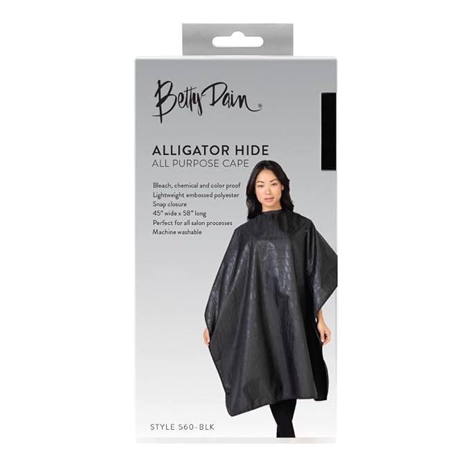 Betty Dain Alligator Hide Bleach-proof Multi Purpose Coloring/Styling Cape, Textured Surface, Secure Snap Closure at Neck, Generous Size, Machine Washable, Lightweight Polyester, Black, 45 x 60