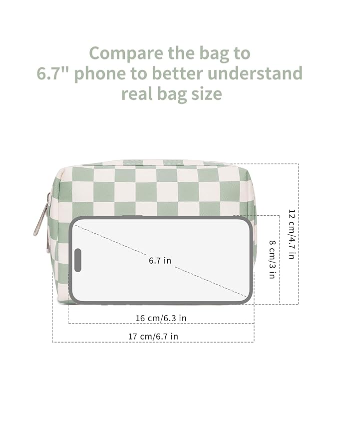 Narwey Small Checkered Makeup Bag for Purse Mini Cosmetic Bag Travel Makeup Pouch Zipper Pouch Cute Make up Bags with Compartments for Women Girls (Mint Green Checkerboard, Small)