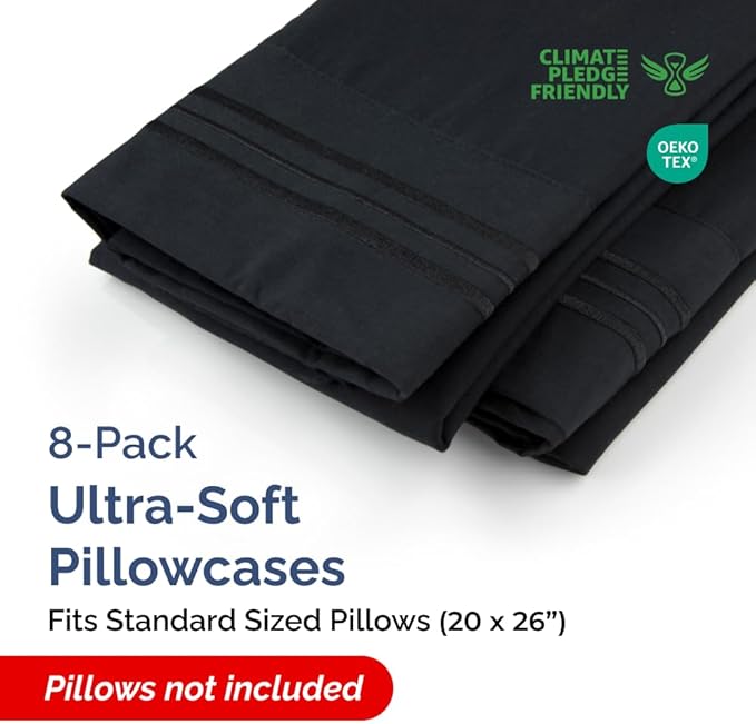 Standard Pillow Cases Set of 8 - Ultra Soft Hotel Quality Pillowcase Covers - Comfy, Cozy & Wrinkle Free - Shrink, Stain and Fade Resistant - Machine Washable Pillow Protectors - 8 Piece Set - Black