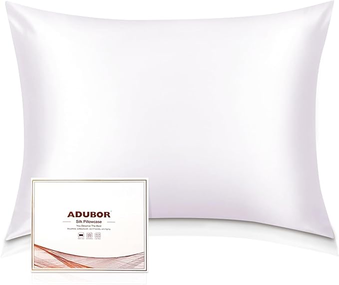 Adubor Silk Pillow Case 2 Pack for Hair and Skin with Hidden Zipper, Both Sides 23 Momme Silk Pillowcase (White, King: 20''X36'')