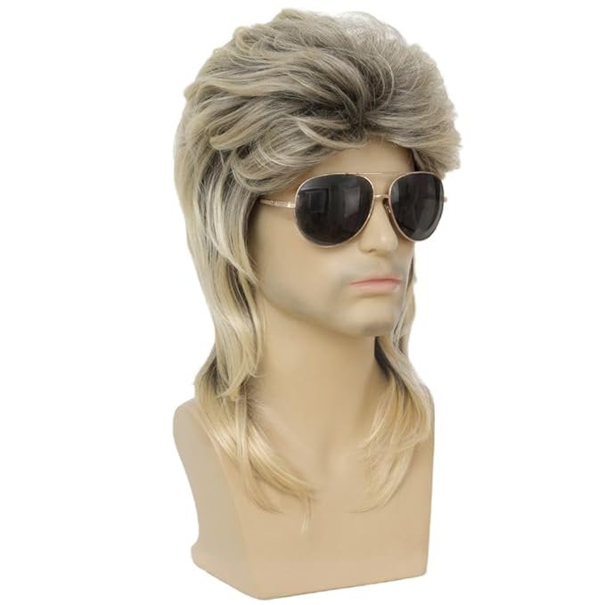 Kaneles Mens Mullet Wigs Dark Root 80s Costumes Halloween Male Wig for Fancy Dress (Dark Root Mix Blonde)