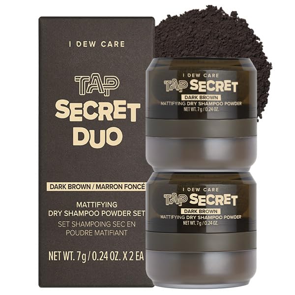 I DEW CARE Biotin Clarifying Dry Shampoo - Tap Secret Dark Brown Duo Set | Strengthening & Volumizing, Powder Type, Travel size, Non-aerosol, Brunette, Korean Ginseng, Stocking Stuffers, 0.26 Oz * 2ea