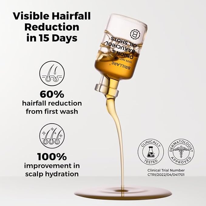 Nova Bloom Brillares Onion & Bakuchiol Hair Oil Shots | Nourishing Scalp Treatment for Stronger Hair | Helps Reduce Hair Breakage & Improve Texture | Lightweight, Non-Greasy Formula | For Men & Women