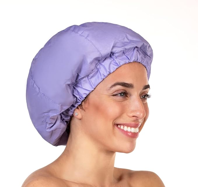 2 Premium Shower Cap for Women - 500+ Showers, 100% Waterproof, Double-Sided, For Long Hair & Great For Curls (Anti-Frizz) (Black & Purple)