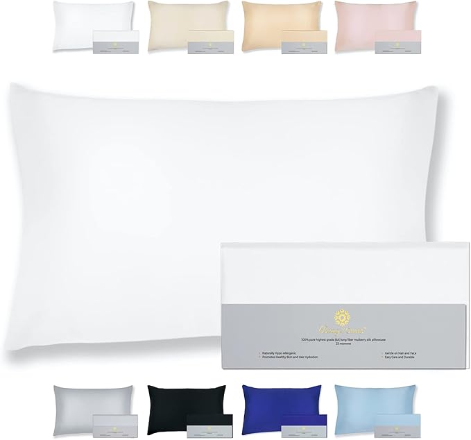 25 Momme Premium Mulberry Silk Pillowcase for Hair and Skin | Handcrafted Hypoallergenic & Anti-Acne White Silk Pillow Cases with Zipper | King - 20" x 36", Natural Undyed White