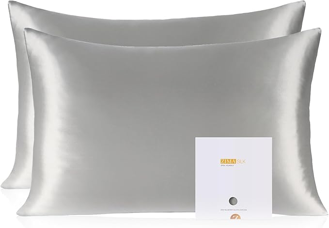ZIMASILK 100% Pure Mulberry Silk Pillowcase 2 Pack, Soft and Smooth,Both Sides Premium Grade 6A Silk,600 Thread Count,with Hidden Zipper (Queen 20''x30'',Grey)