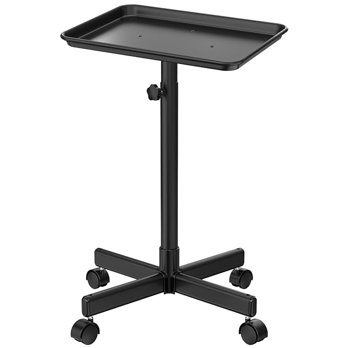 JOSTZHXIN Salon Rolling Tray, Premium Aluminum Tattoo Tray, Salon Rolling Cart Adjustable Height, SPA Service Rolling Trolley Tray for Beauty Hairstylist Dental Clinic,Black