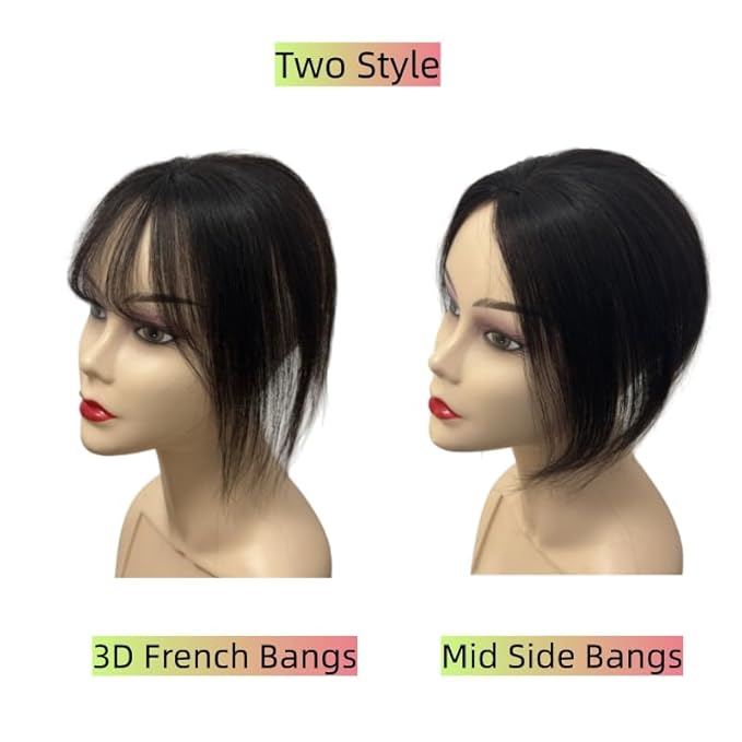 Anemone No Clips Human Hair Topper Piece Fringe Bangs for Women Wrap-Around Magic Paste with Invisible Lace for Natural Hair Loss Coverage (1B Lace Mid Bangs)
